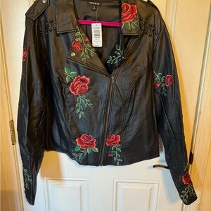 Torrid Black Faux Leather Jacket with Red Floral Embroidery